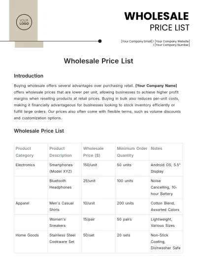 Free Wholesale Price List Template to Edit Online