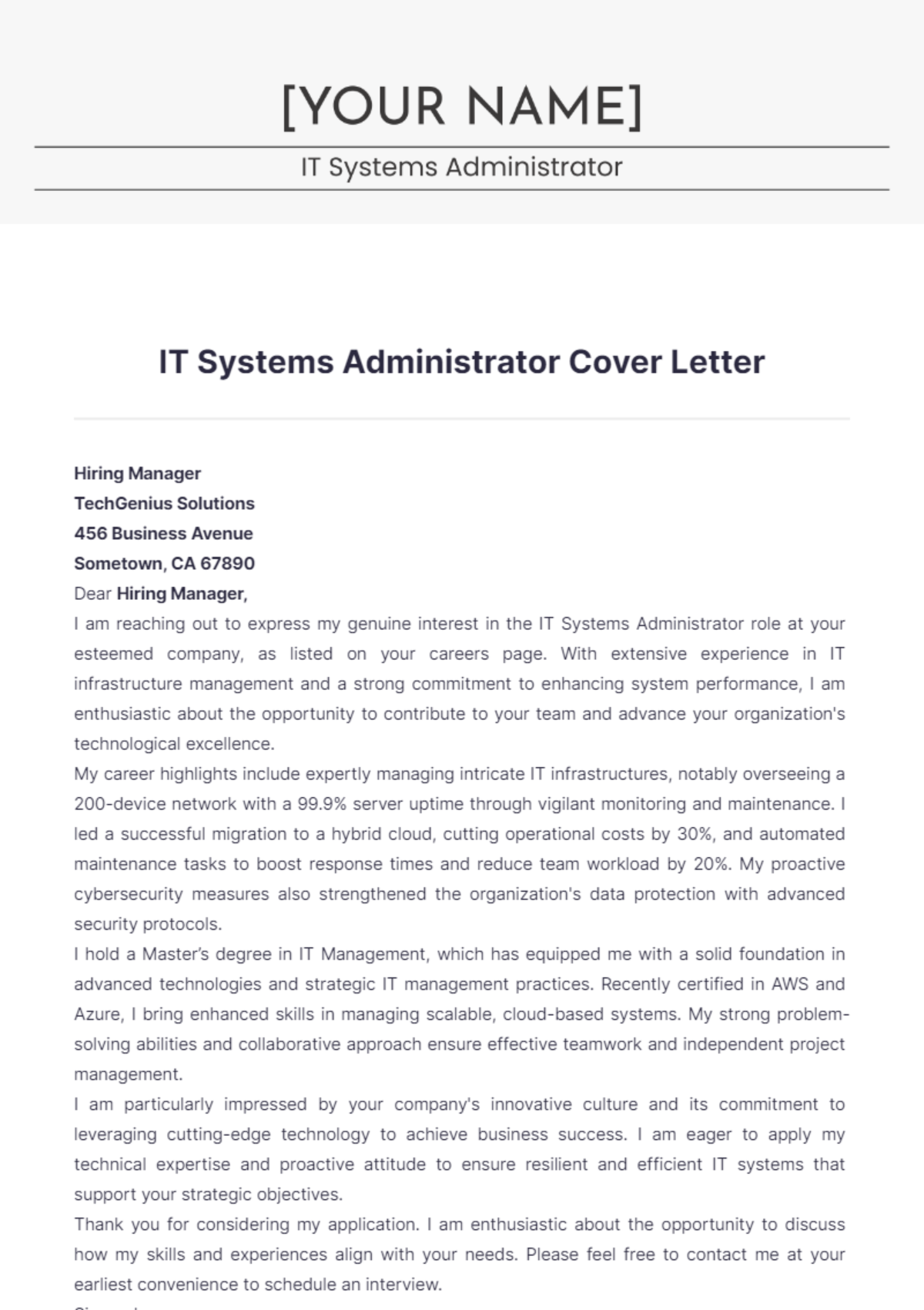 IT Systems Administrator Cover Letter - Edit Online & Download