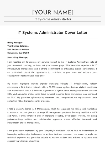 Free IT Systems Administrator Cover Letter to Edit Online