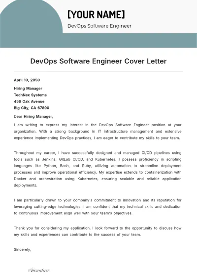 Free DevOps Software Engineer Cover Letter to Edit Online