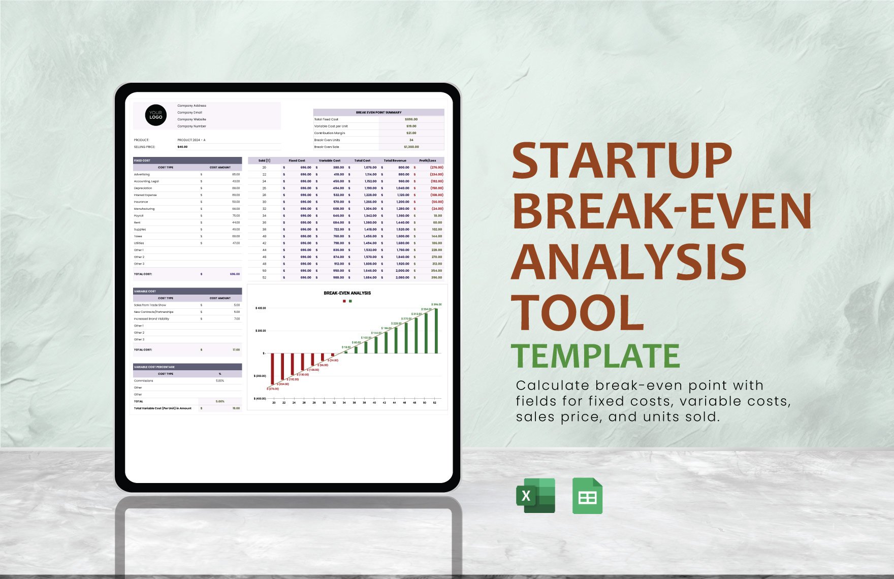 Startup Break-even Analysis Tool Template in Excel, Google Sheets