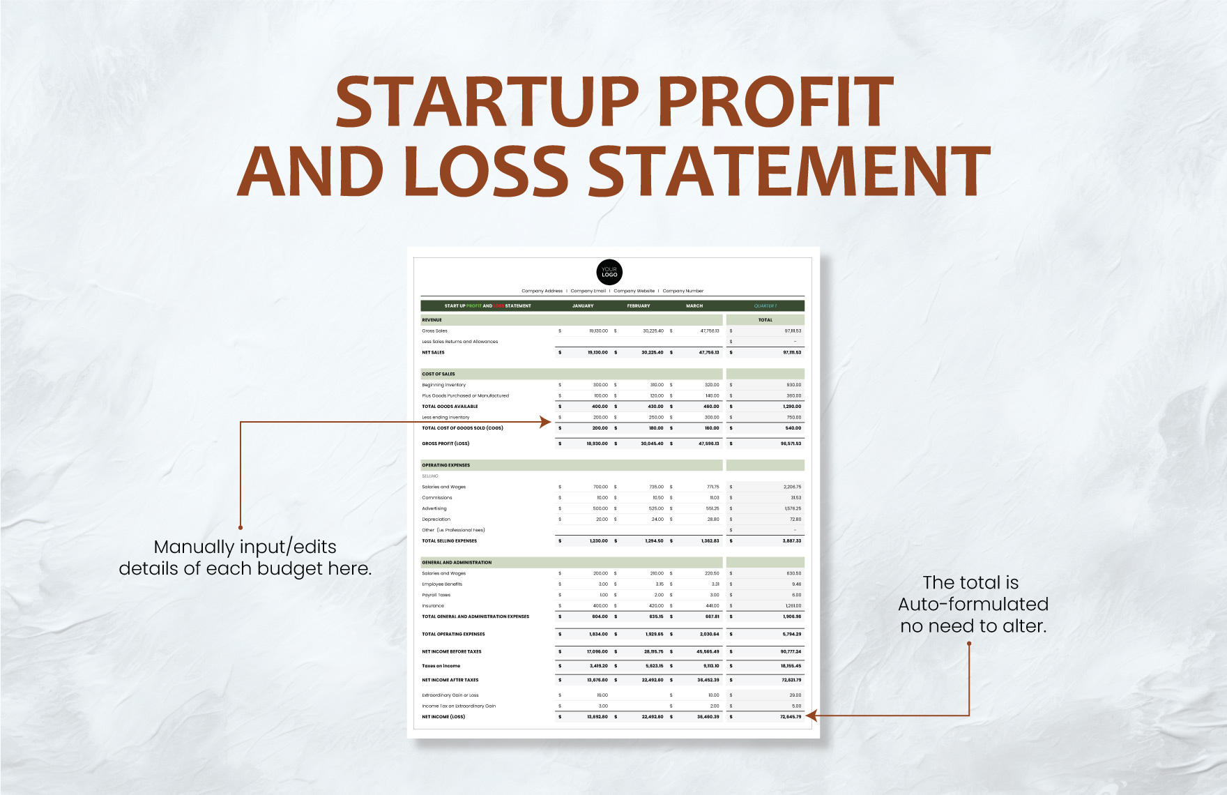 Startup Profit and Loss Statement Template