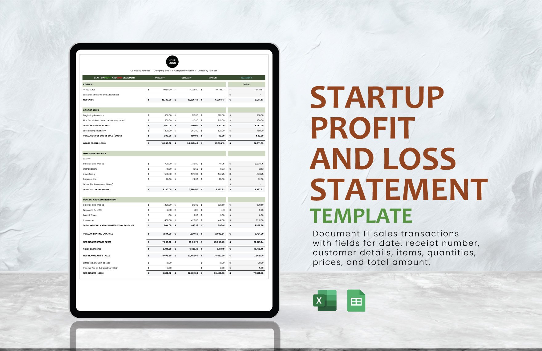 Startup Profit and Loss Statement Template in Excel, Google Sheets