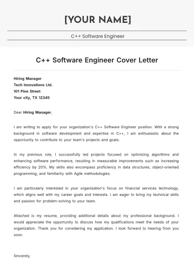 Free C++ Software Engineer Cover Letter to Edit Online
