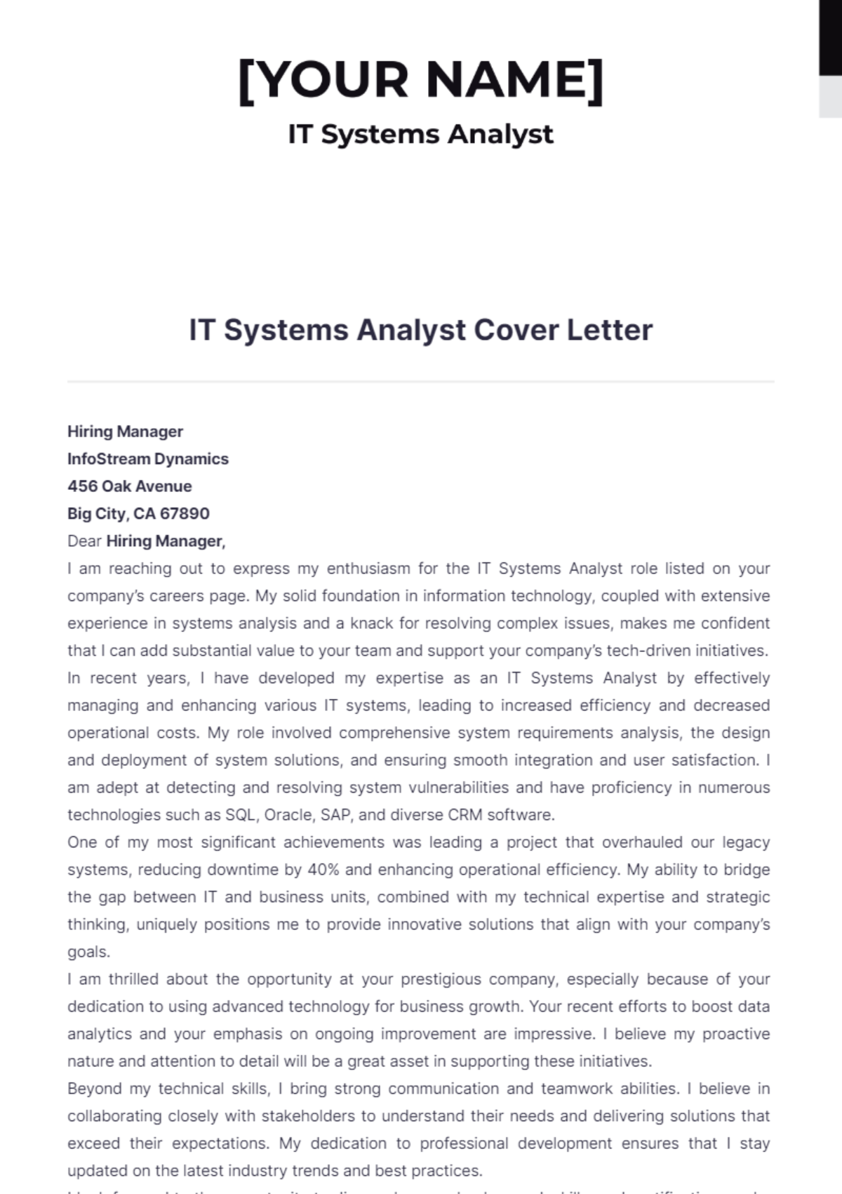 IT Systems Analyst Cover Letter - Edit Online & Download