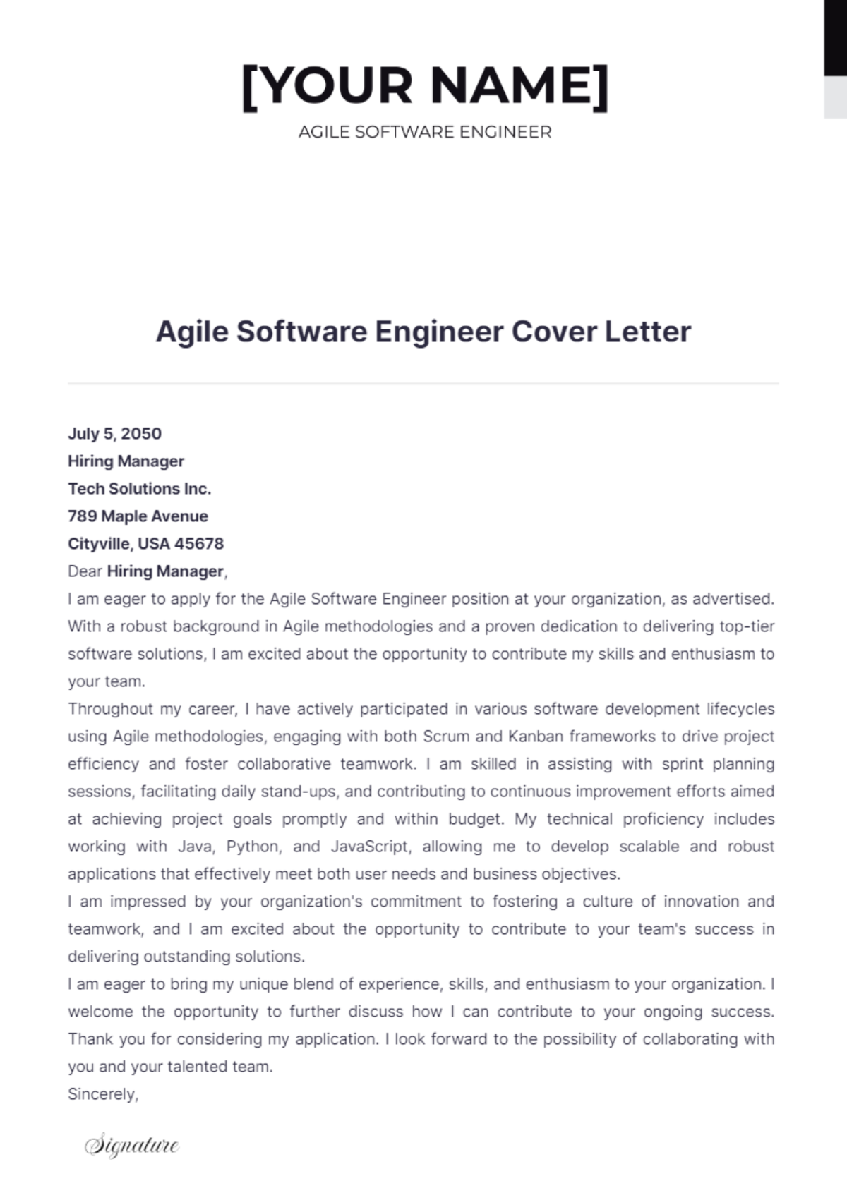 Agile Software Engineer Cover Letter