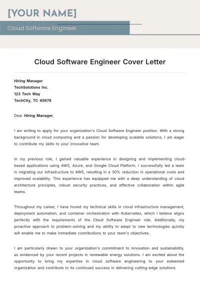 Free Cloud Software Engineer Cover Letter to Edit Online