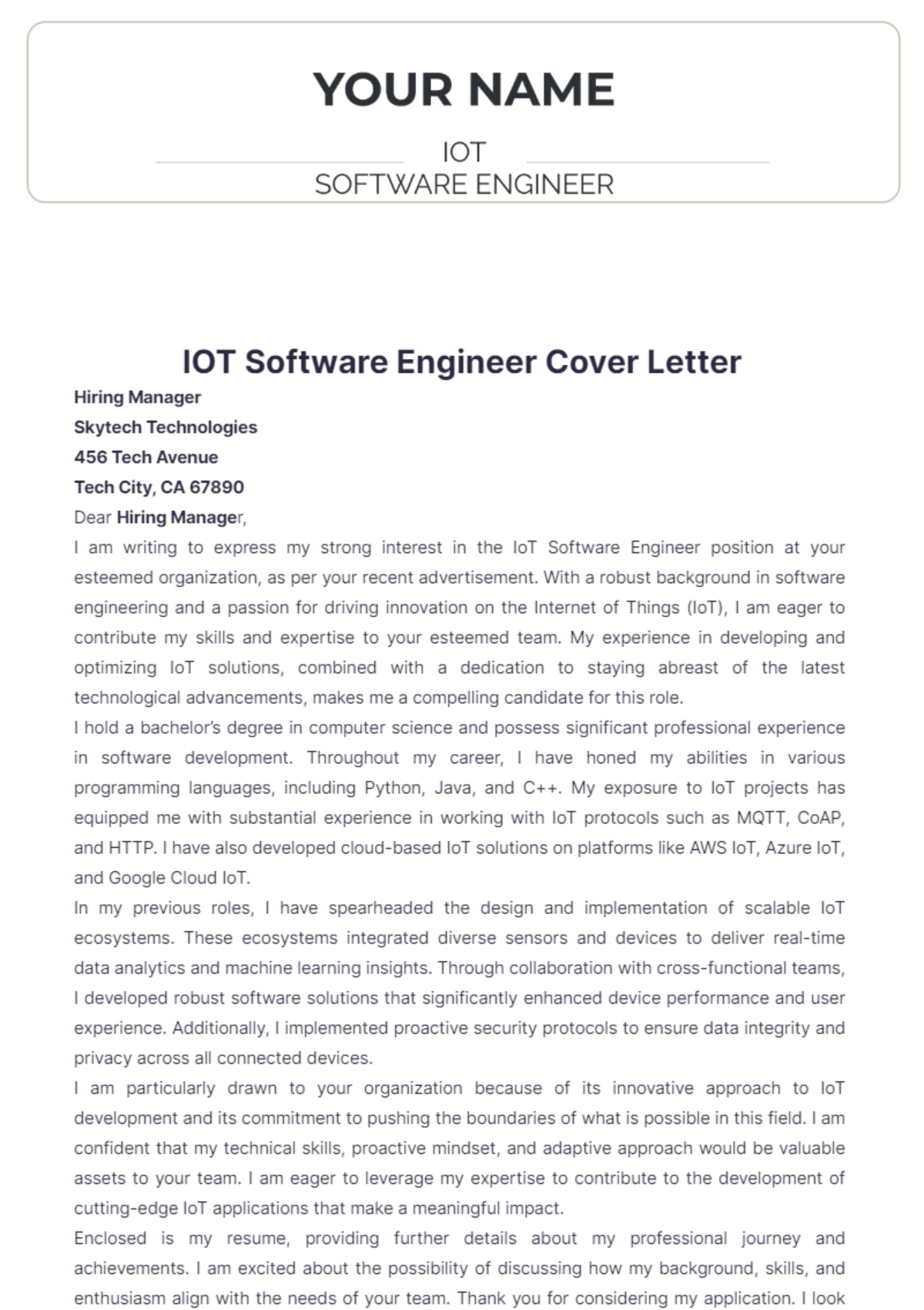 IOT Software Engineer Cover Letter