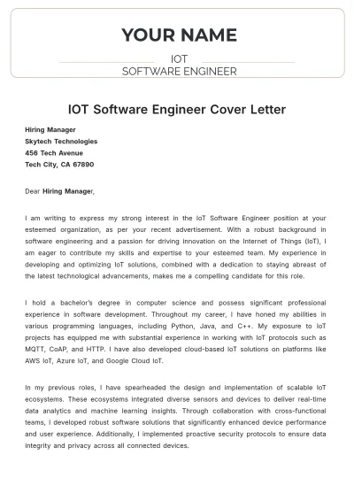 Free IOT Software Engineer Cover Letter to Edit Online