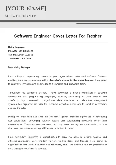Free Software Engineer Cover Letter For Fresher to Edit Online