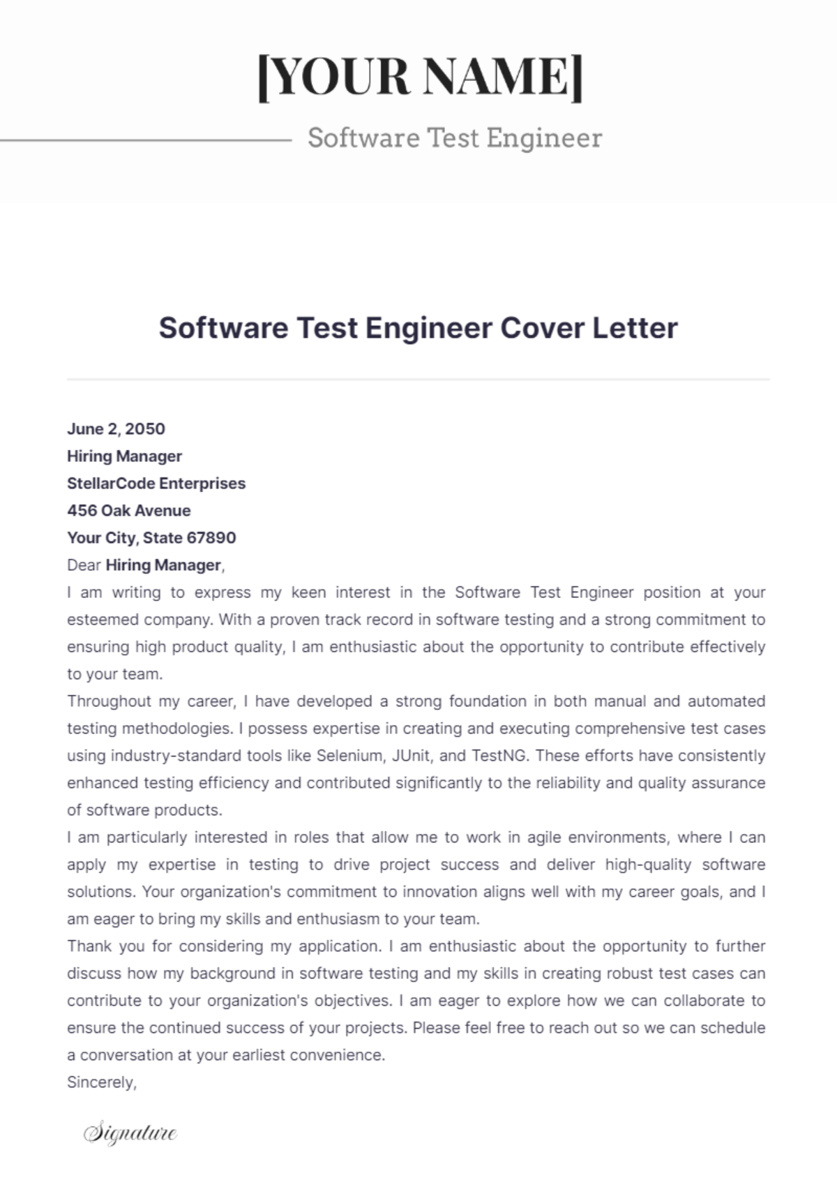 Software Test Engineer Cover Letter