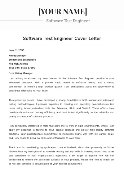 Free Software Test Engineer Cover Letter to Edit Online