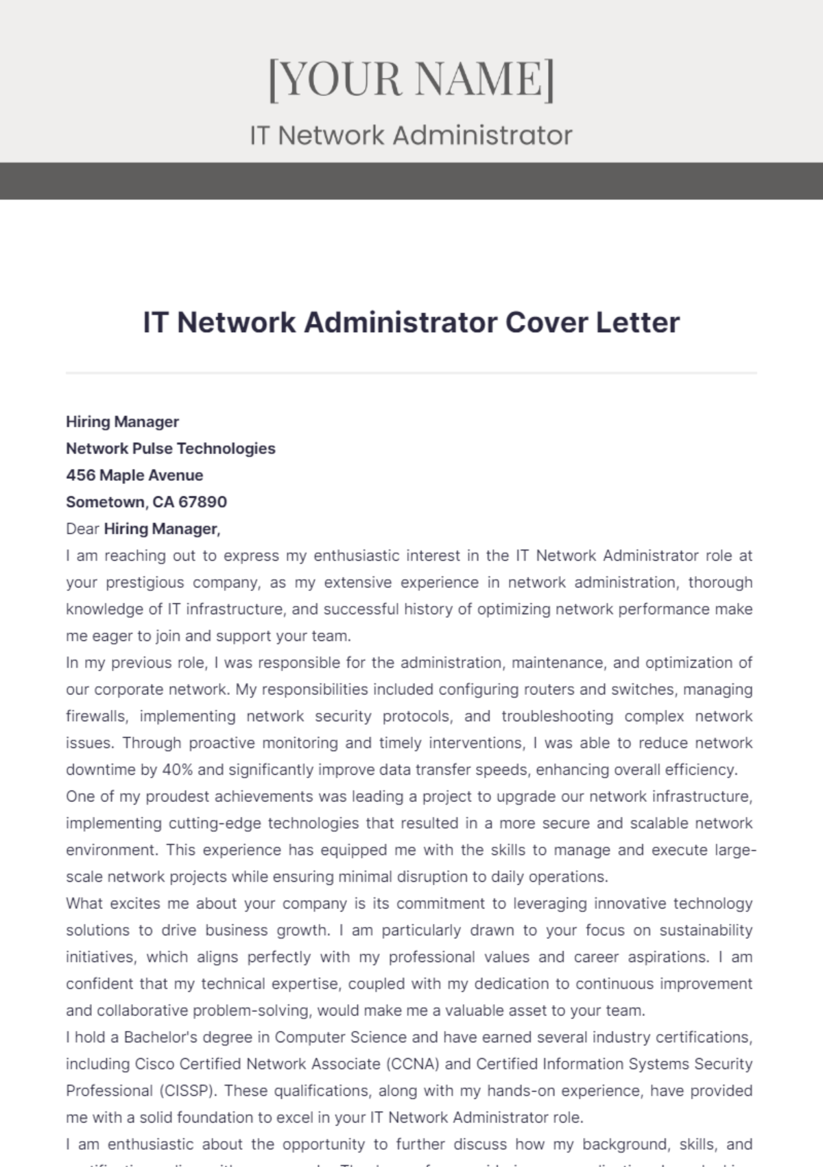 IT Network Administrator Cover Letter - Edit Online & Download