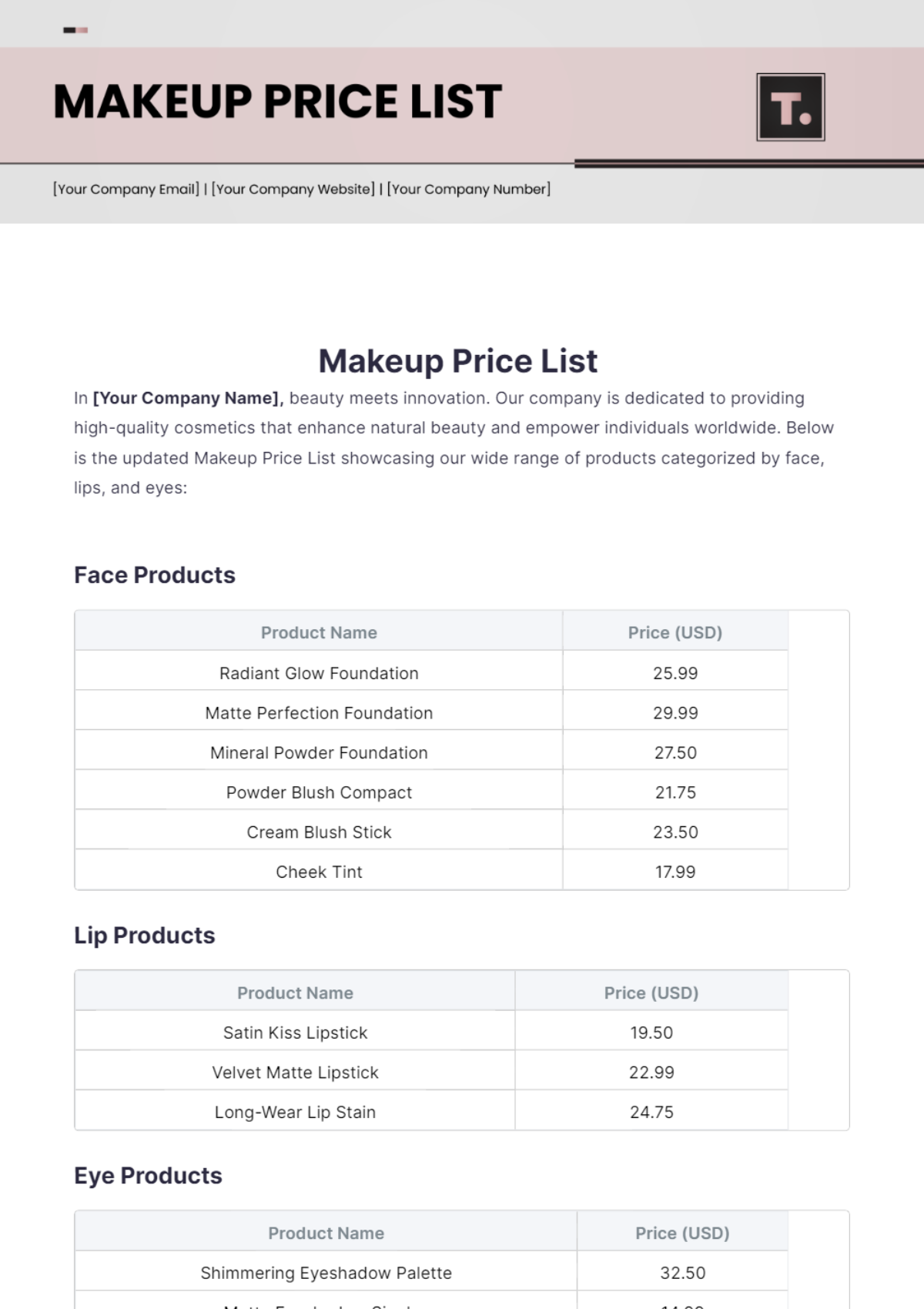 Makeup Price List Template - Edit Online & Download