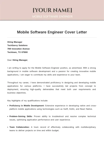 Free Mobile Software Engineer Cover Letter to Edit Online