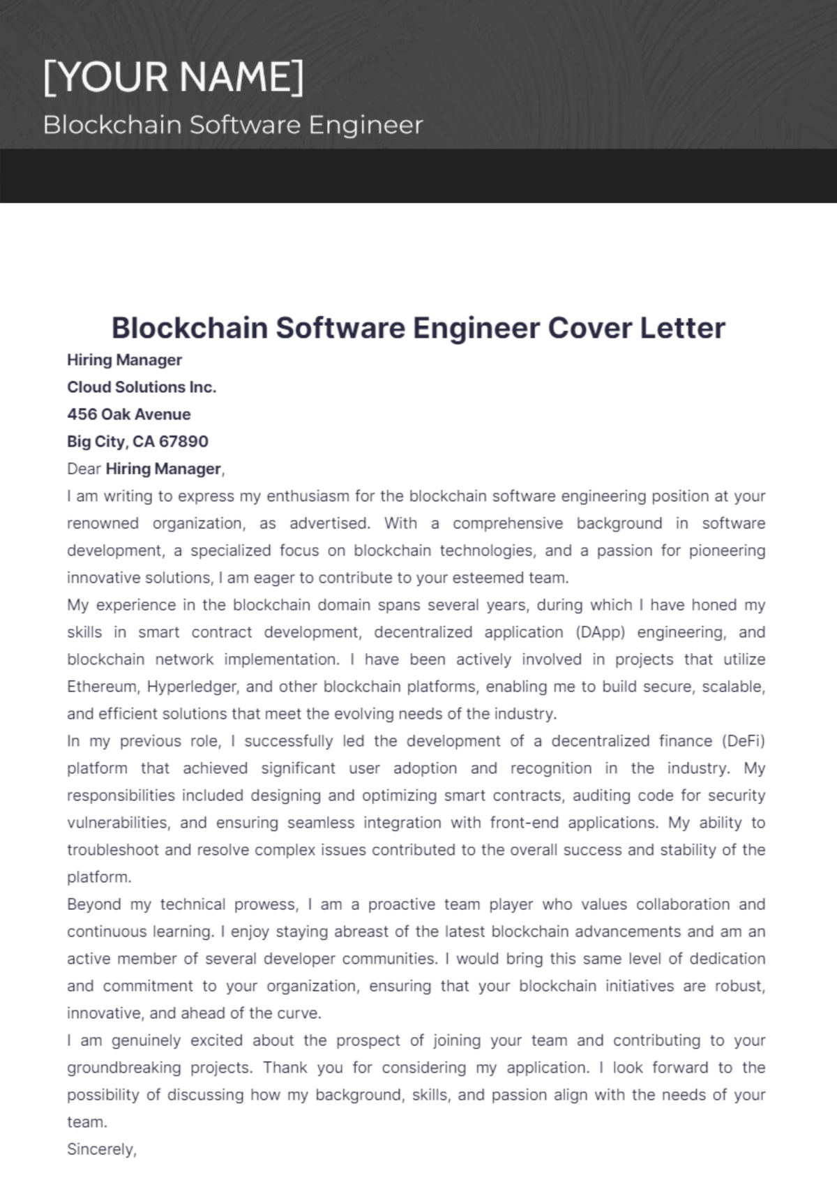 Blockchain Software Engineer Cover Letter