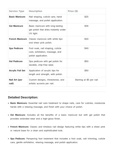 Free Nail Salon Price List Template to Edit Online