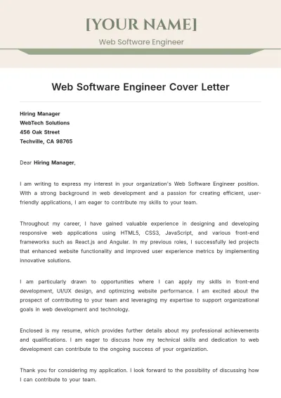 Free Web Software Engineer Cover Letter to Edit Online