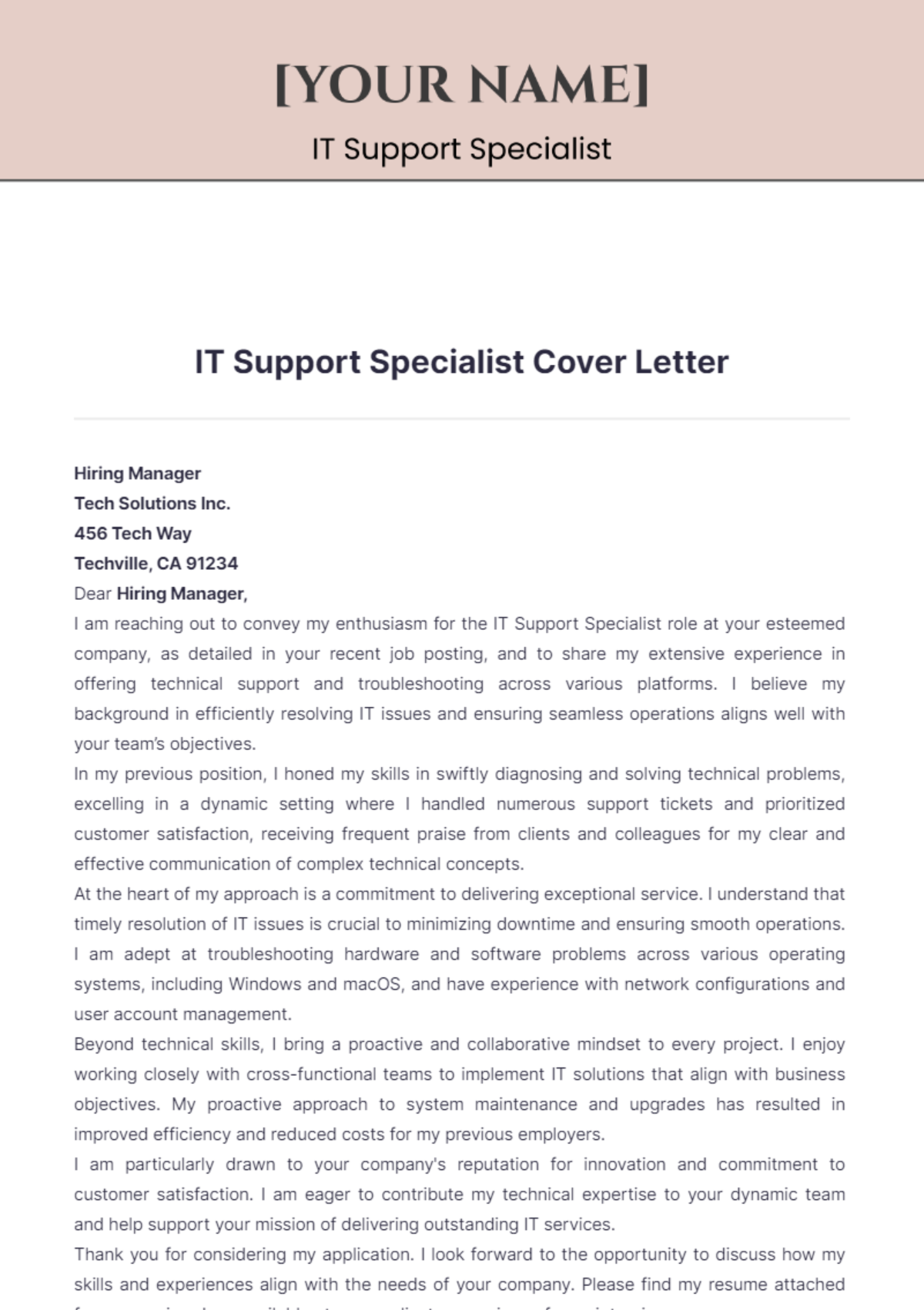 IT Support Specialist Cover Letter - Edit Online & Download