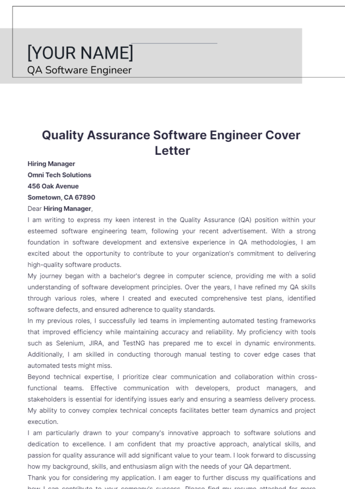 cover letter quality assurance engineer