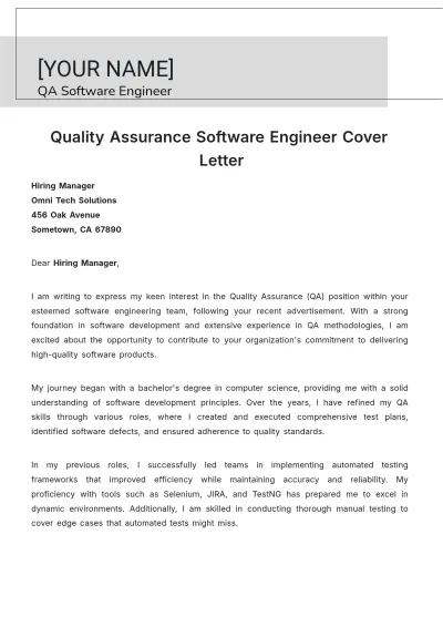 Free Quality Assurance Software Engineer Cover Letter to Edit Online