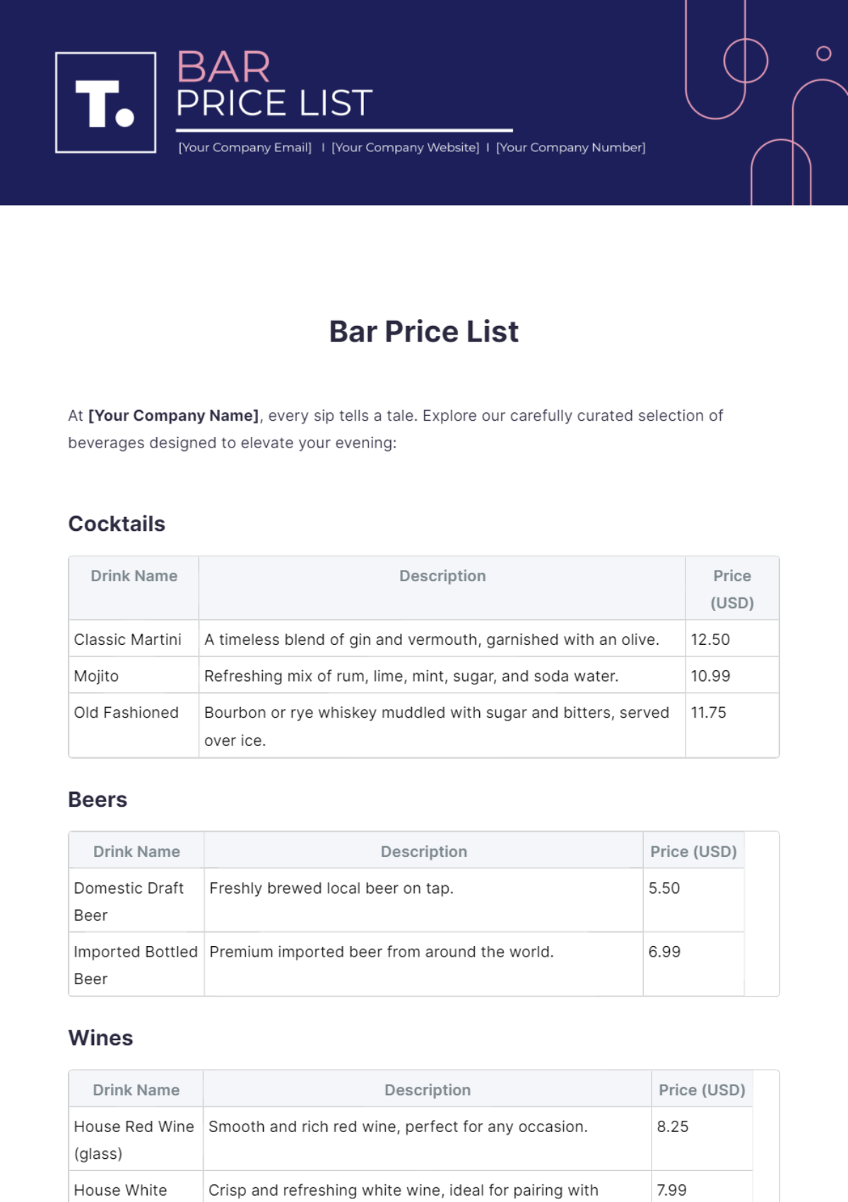 Bar Price List Template