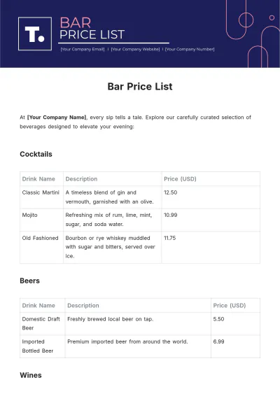 Free Bar Price List Template to Edit Online