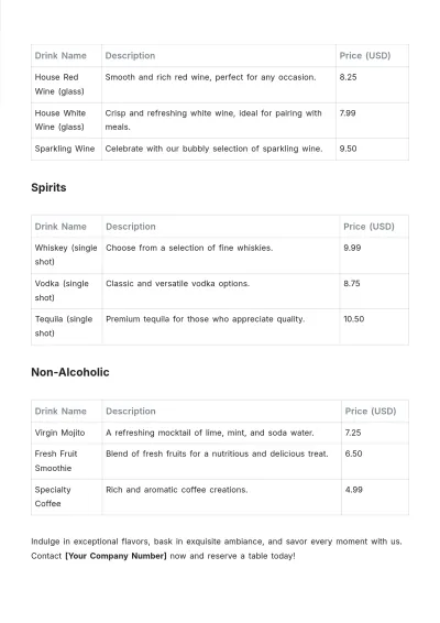 Free Bar Price List Template to Edit Online