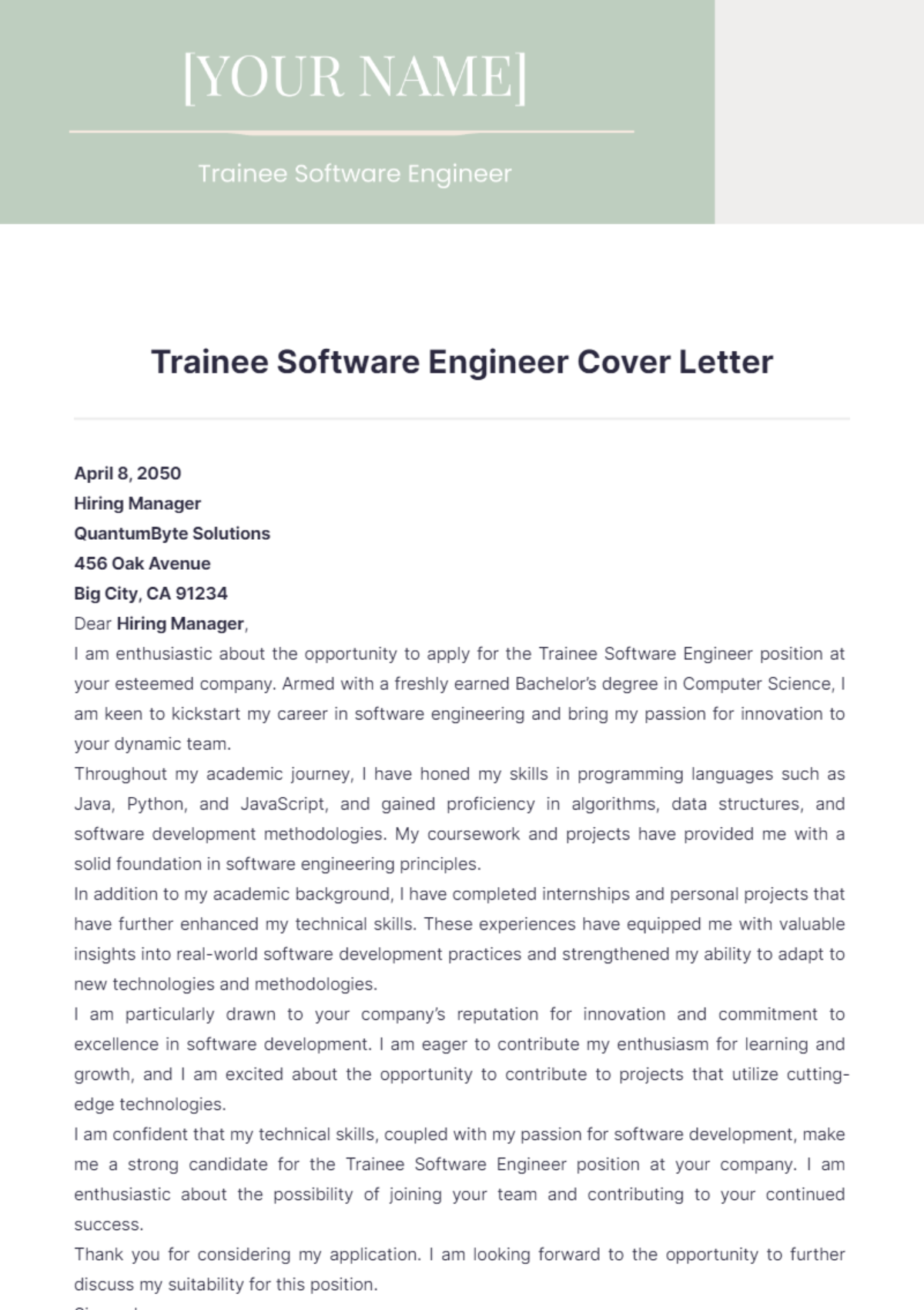 cover letter for trainee software engineer