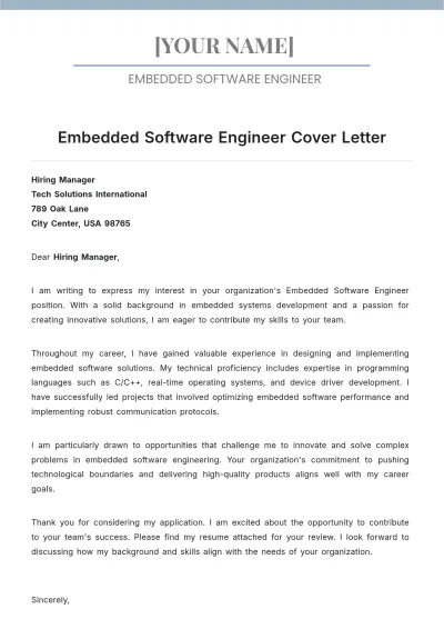 Free Embedded Software Engineer Cover Letter to Edit Online