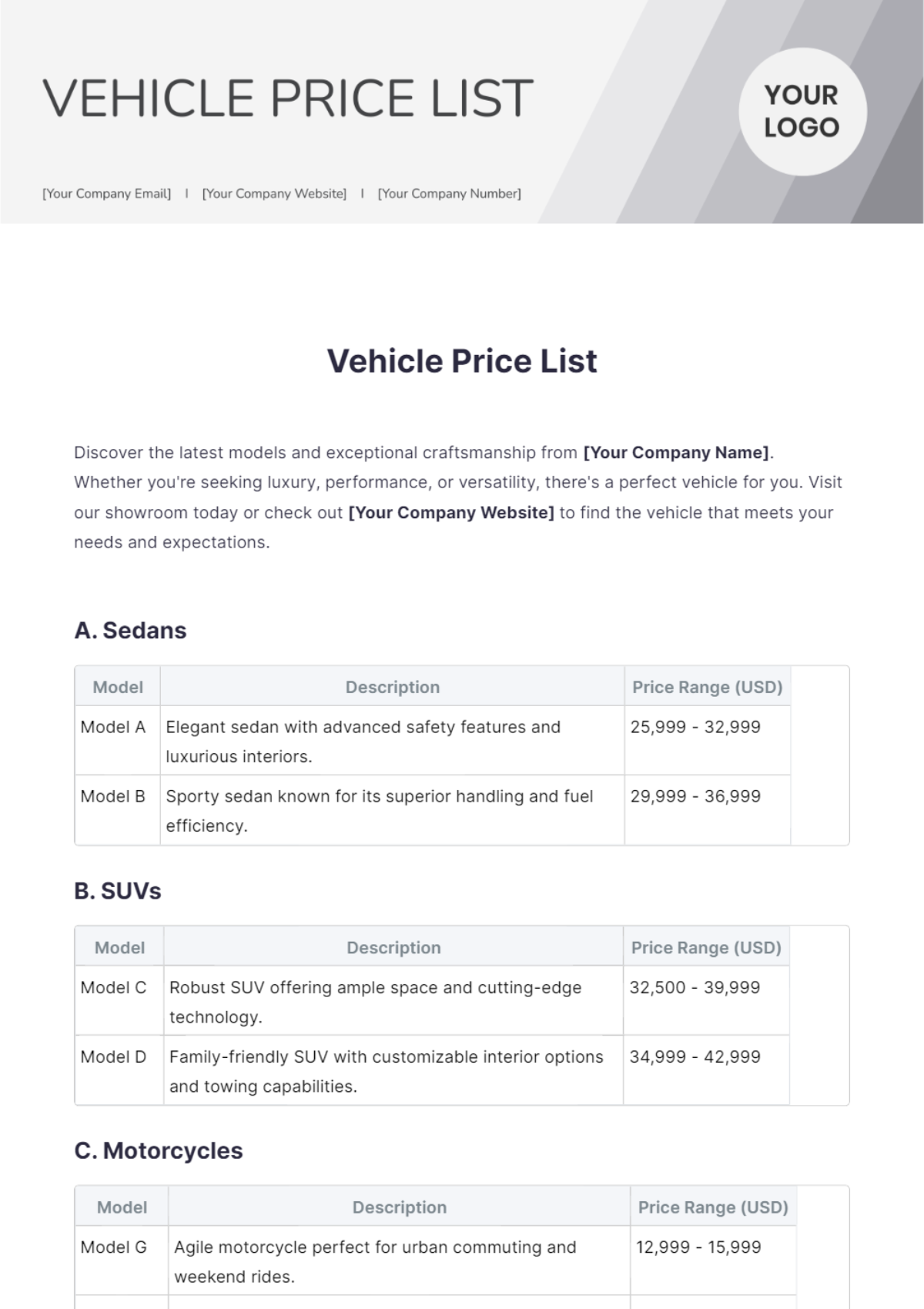 Vehicle Price List Template - Edit Online & Download