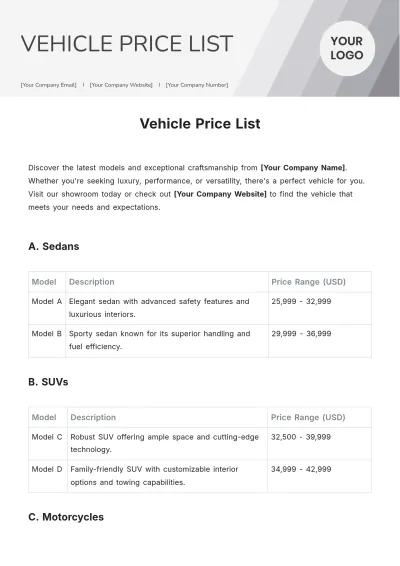 Free Vehicle Price List Template to Edit Online