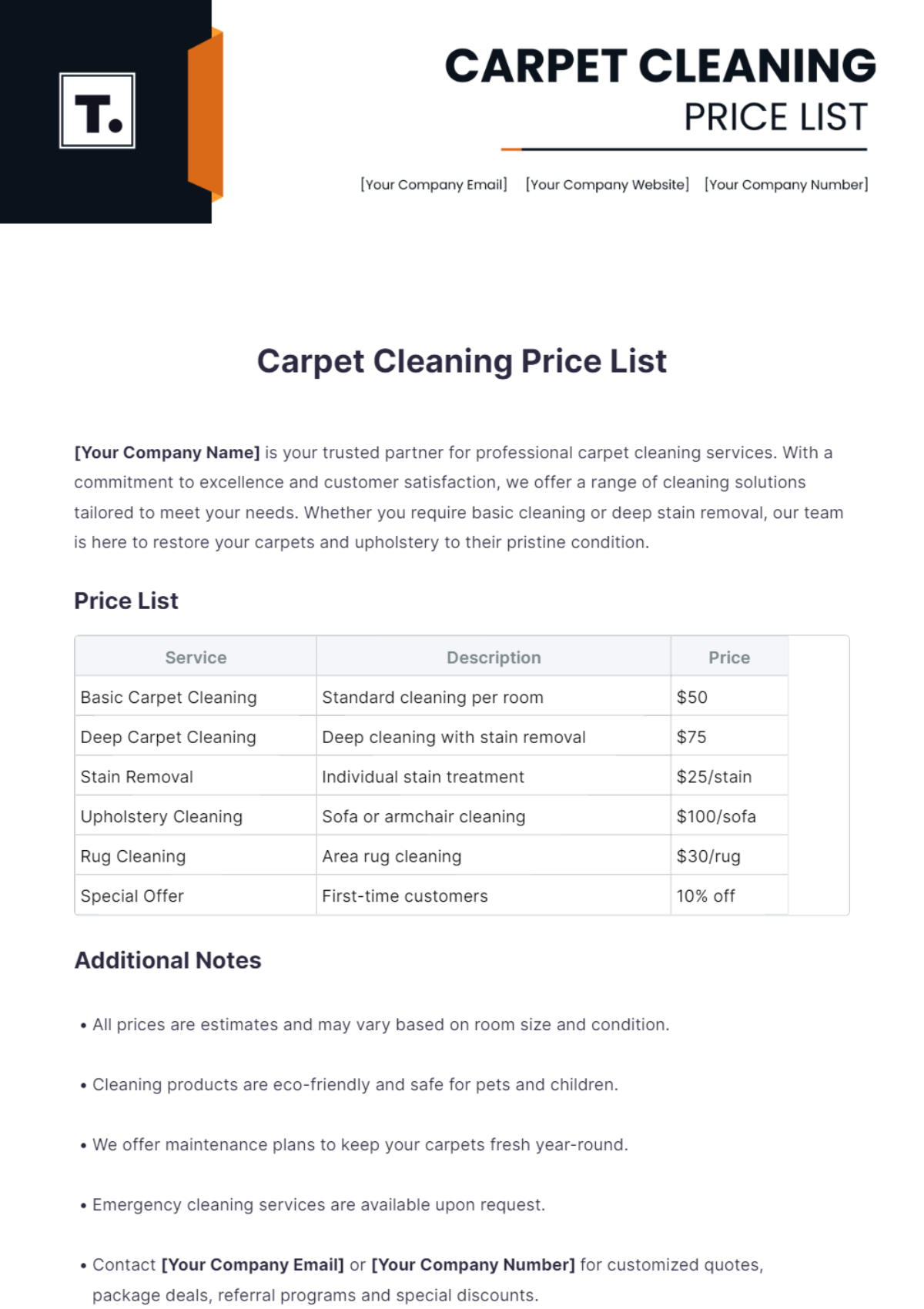 Carpet Cleaning Price List Template - Edit Online & Download