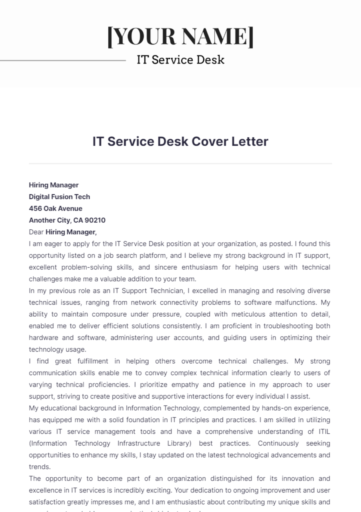 IT Service Desk Cover Letter - Edit Online & Download