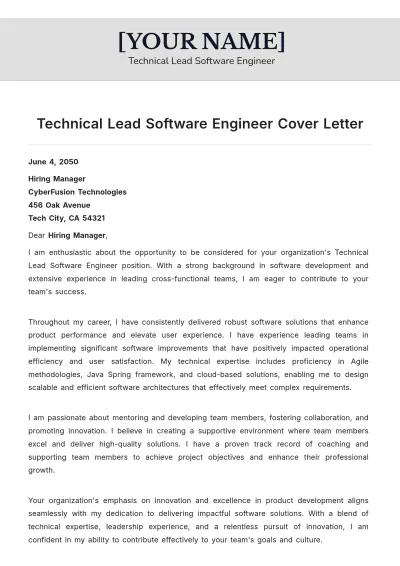 Free Technical Lead Software Engineer Cover Letter to Edit Online
