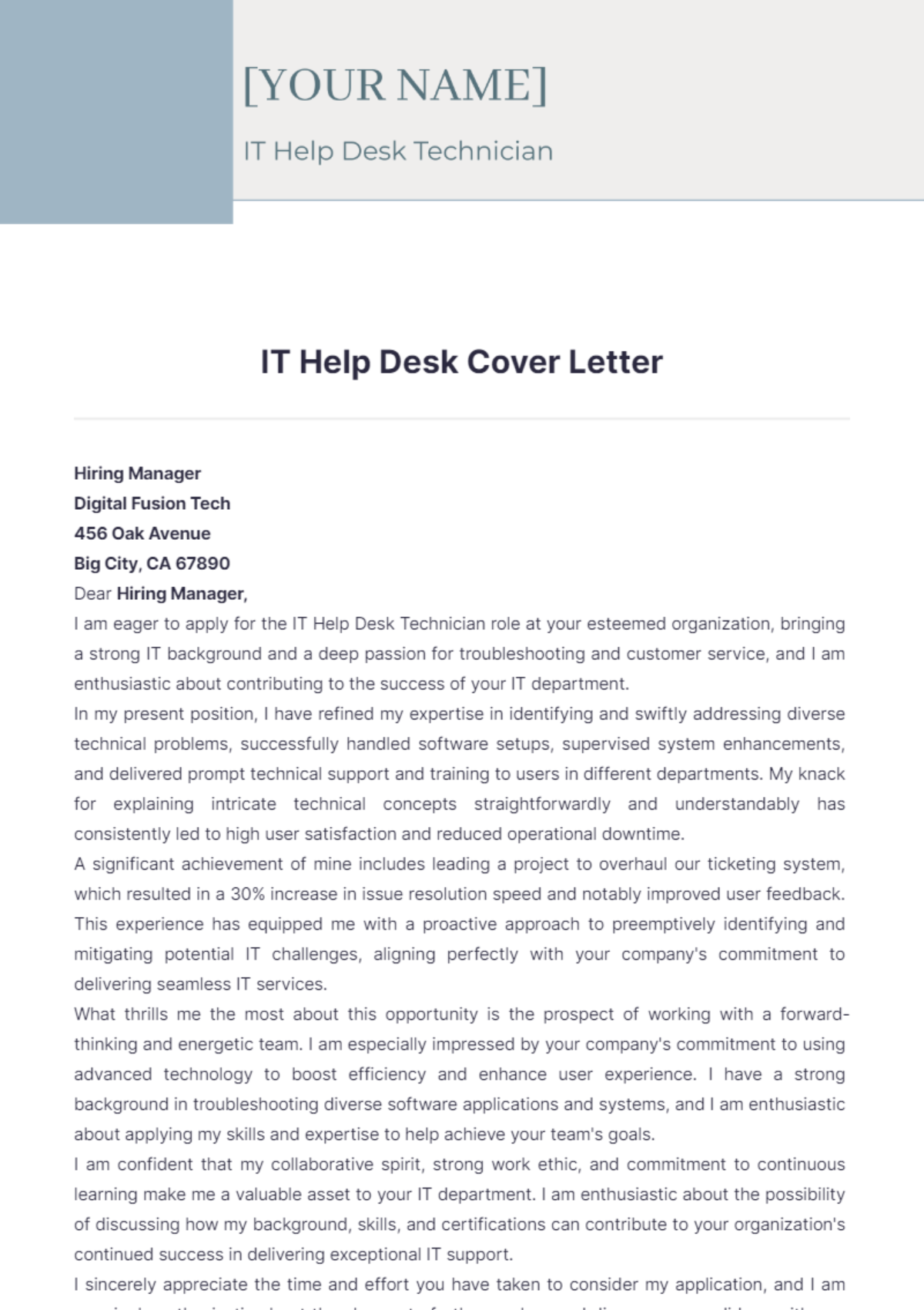 IT Help Desk Cover Letter - Edit Online & Download