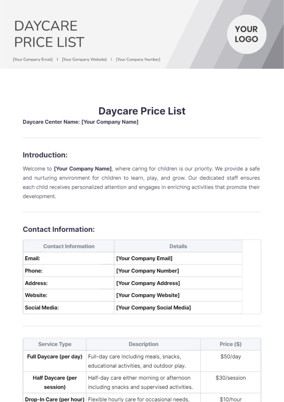 Daycare Price List Template - Edit Online & Download