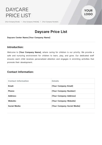 Free Daycare Price List Template to Edit Online