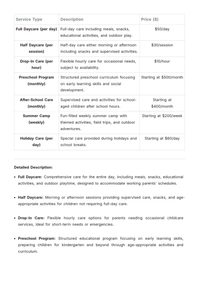 Free Daycare Price List Template to Edit Online