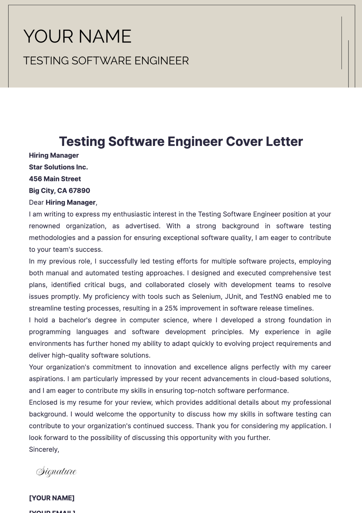 Testing Software Engineer Cover Letter - Edit Online & Download