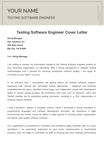 Free Testing Software Engineer Cover Letter to Edit Online