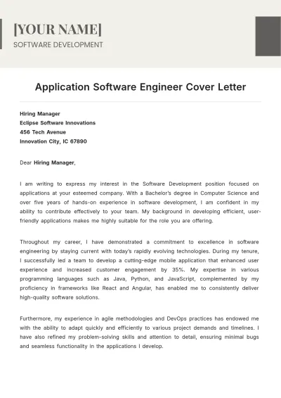 Free Application Software Engineer Cover Letter to Edit Online
