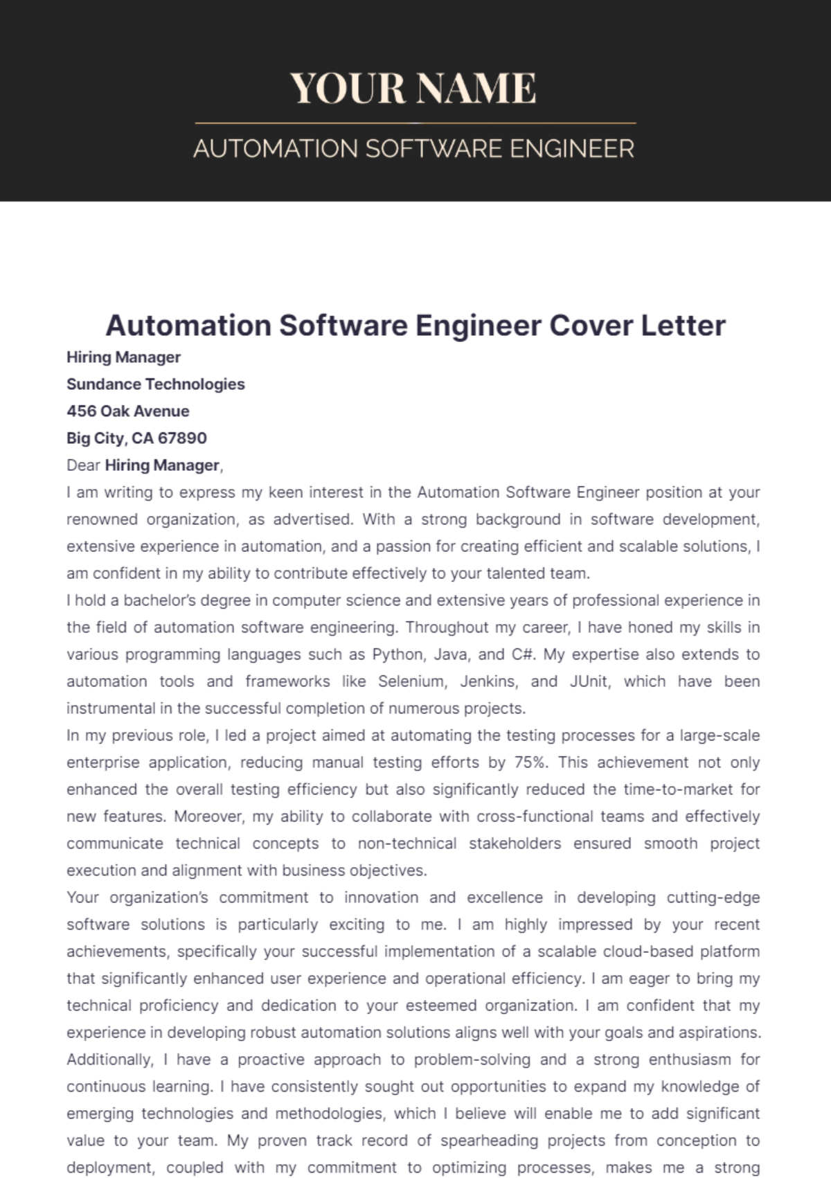 Automation Software Engineer Cover Letter - Edit Online & Download