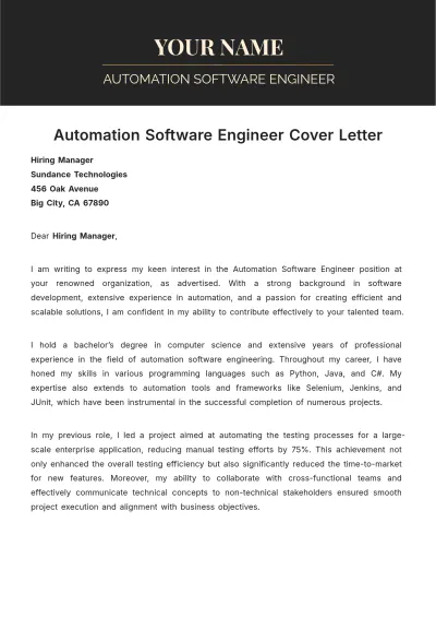 Free Automation Software Engineer Cover Letter to Edit Online