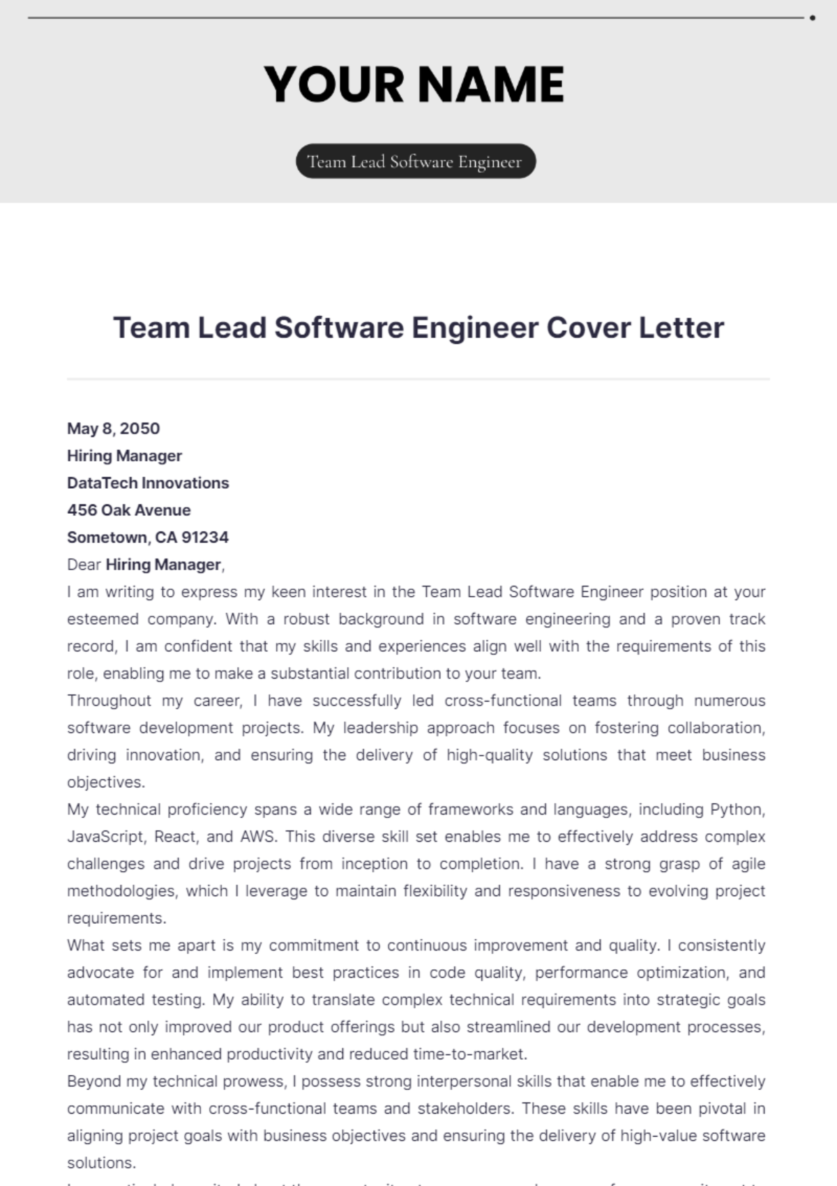 Team Lead Software Engineer Cover Letter - Edit Online & Download