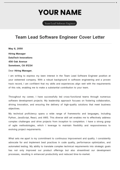 Free Team Lead Software Engineer Cover Letter to Edit Online