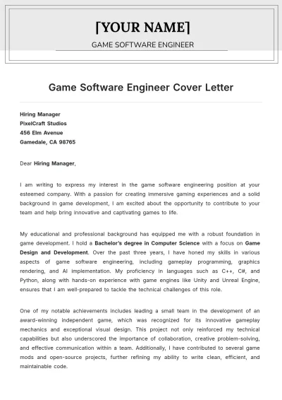 Free Game Software Engineer Cover Letter to Edit Online