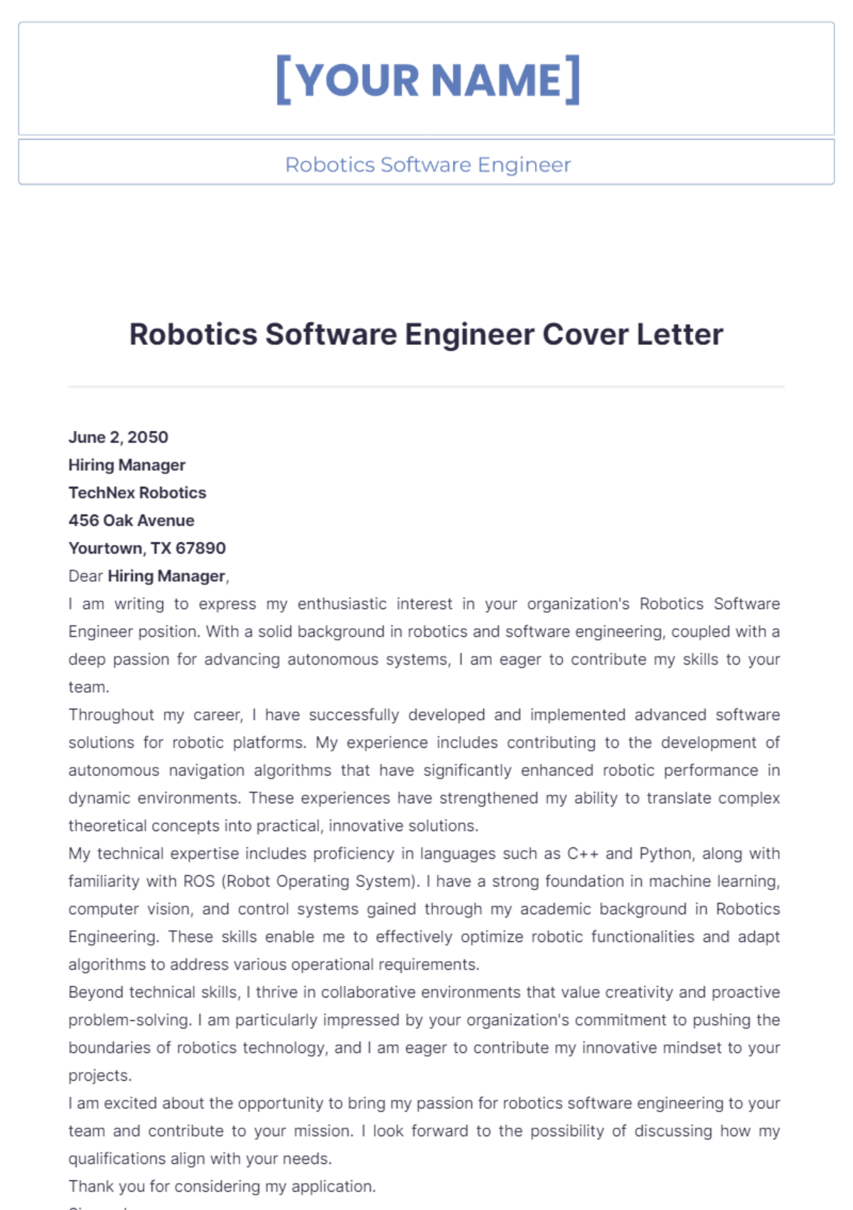 Robotics Software Engineer Cover Letter - Edit Online & Download