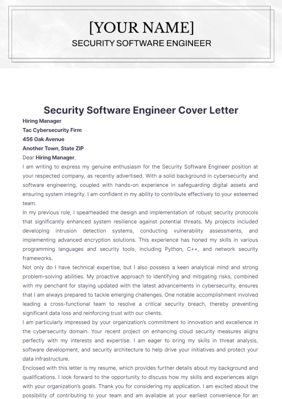 Security Software Engineer Cover Letter - Edit Online & Download