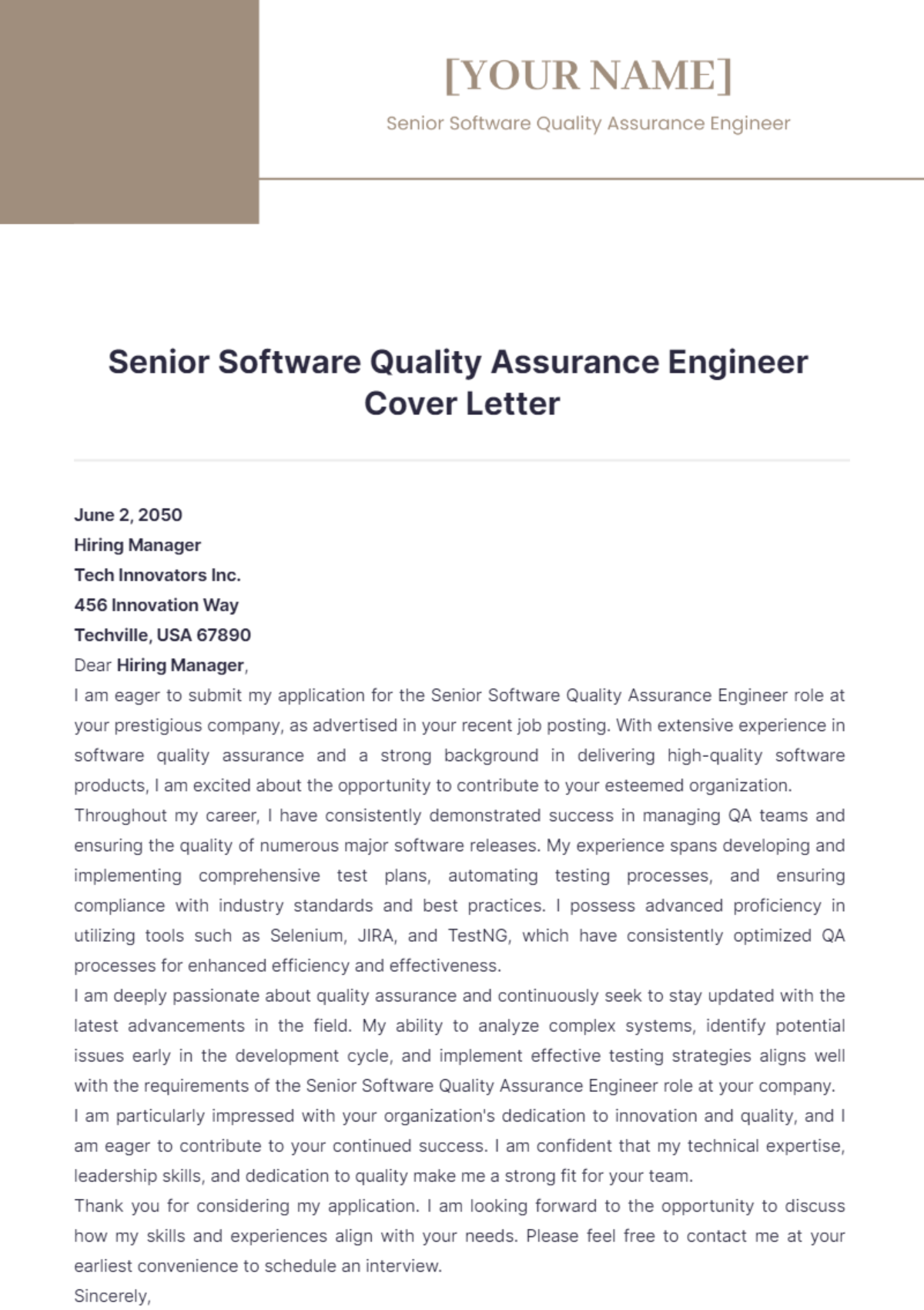 Senior Software Quality Assurance Engineer Cover Letter - Edit Online & Download